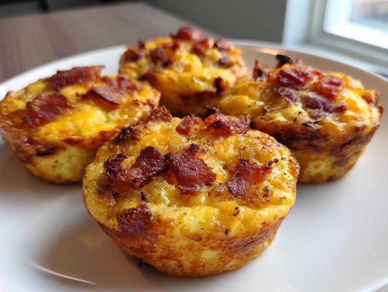 Four golden-brown Keto Bacon and Egg Muffins topped with crispy bacon pieces, served on a white plate.