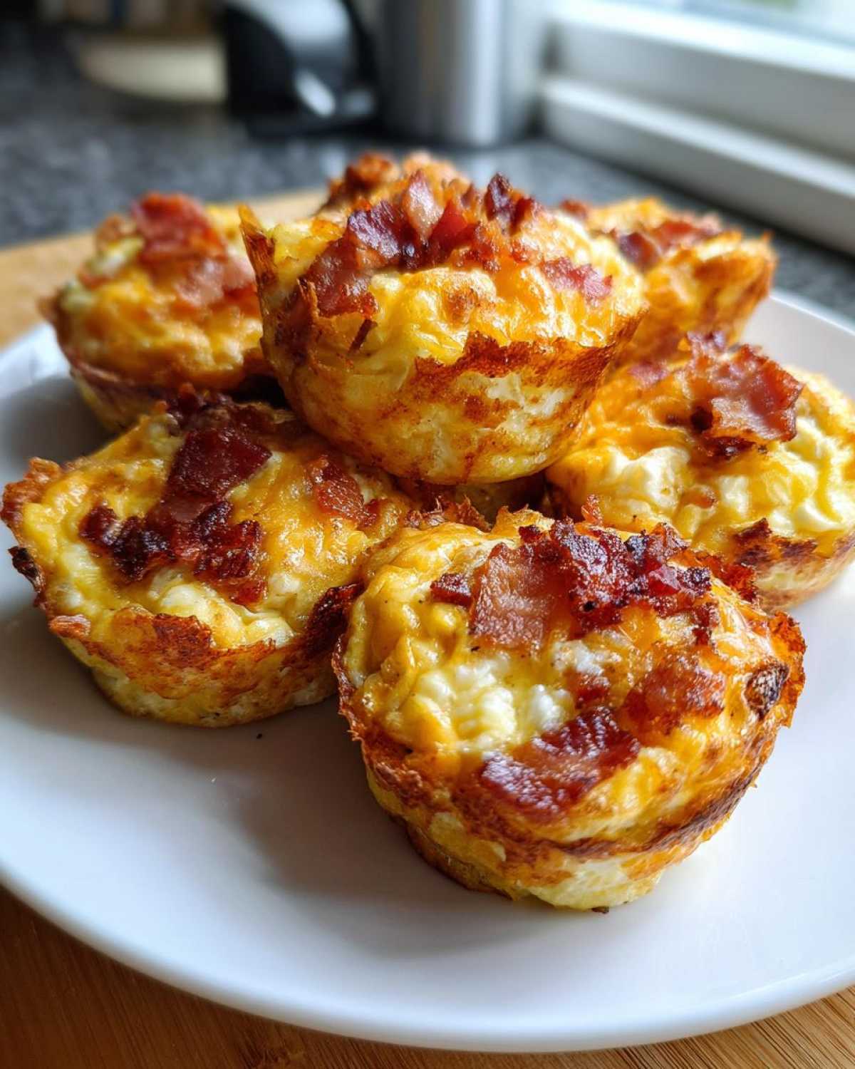 A stack of golden-brown Keto Bacon and Egg Muffins topped with crispy bacon pieces on a white plate.