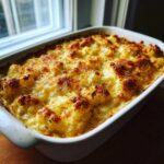 Close-up of bubbling, golden-brown Keto Cauliflower Mac and Cheese baked in a white rectangular dish.