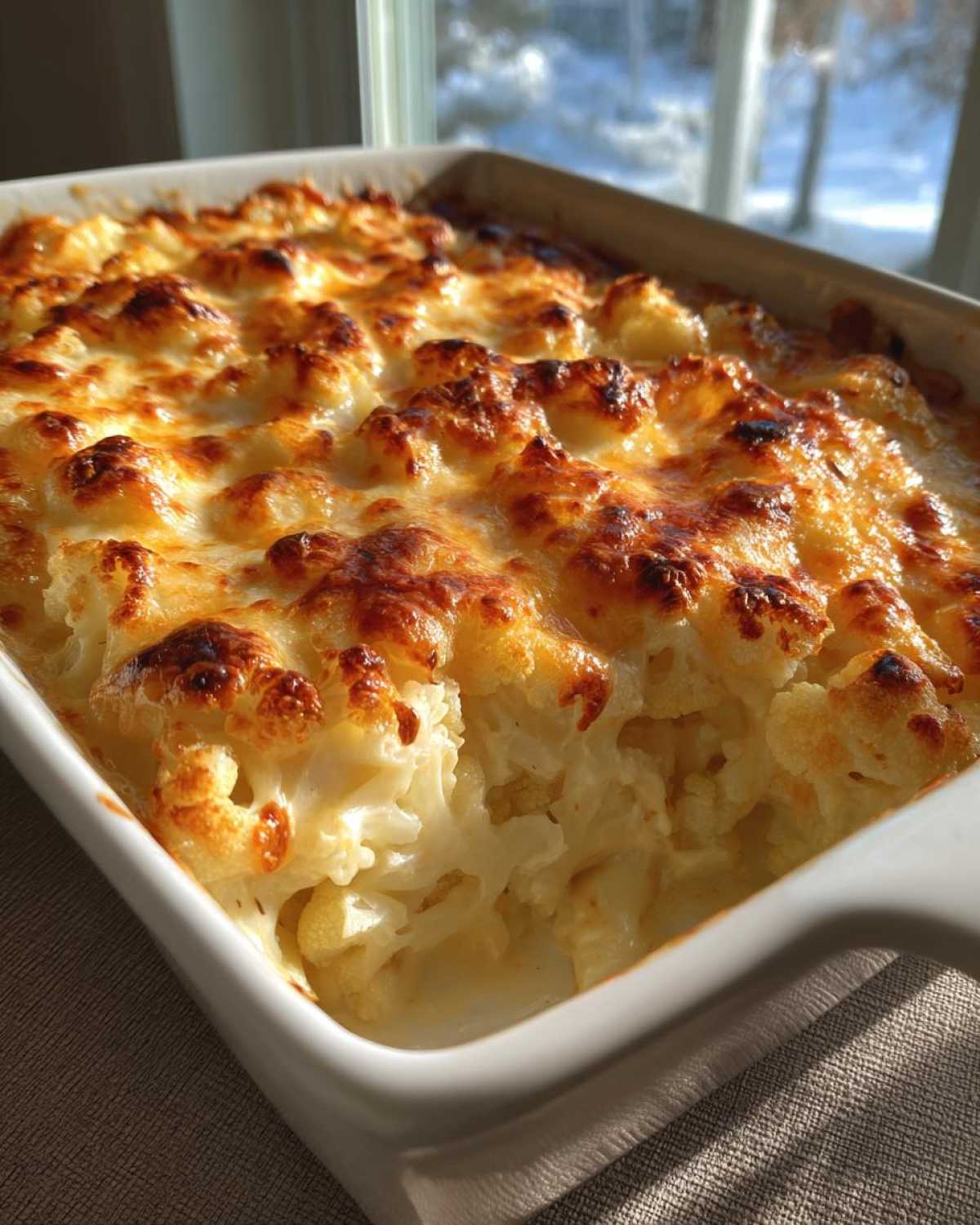 A close-up of a white baking dish filled with bubbling, cheesy Keto Cauliflower Mac and Cheese, featuring a deeply browned, bubbly top crust.