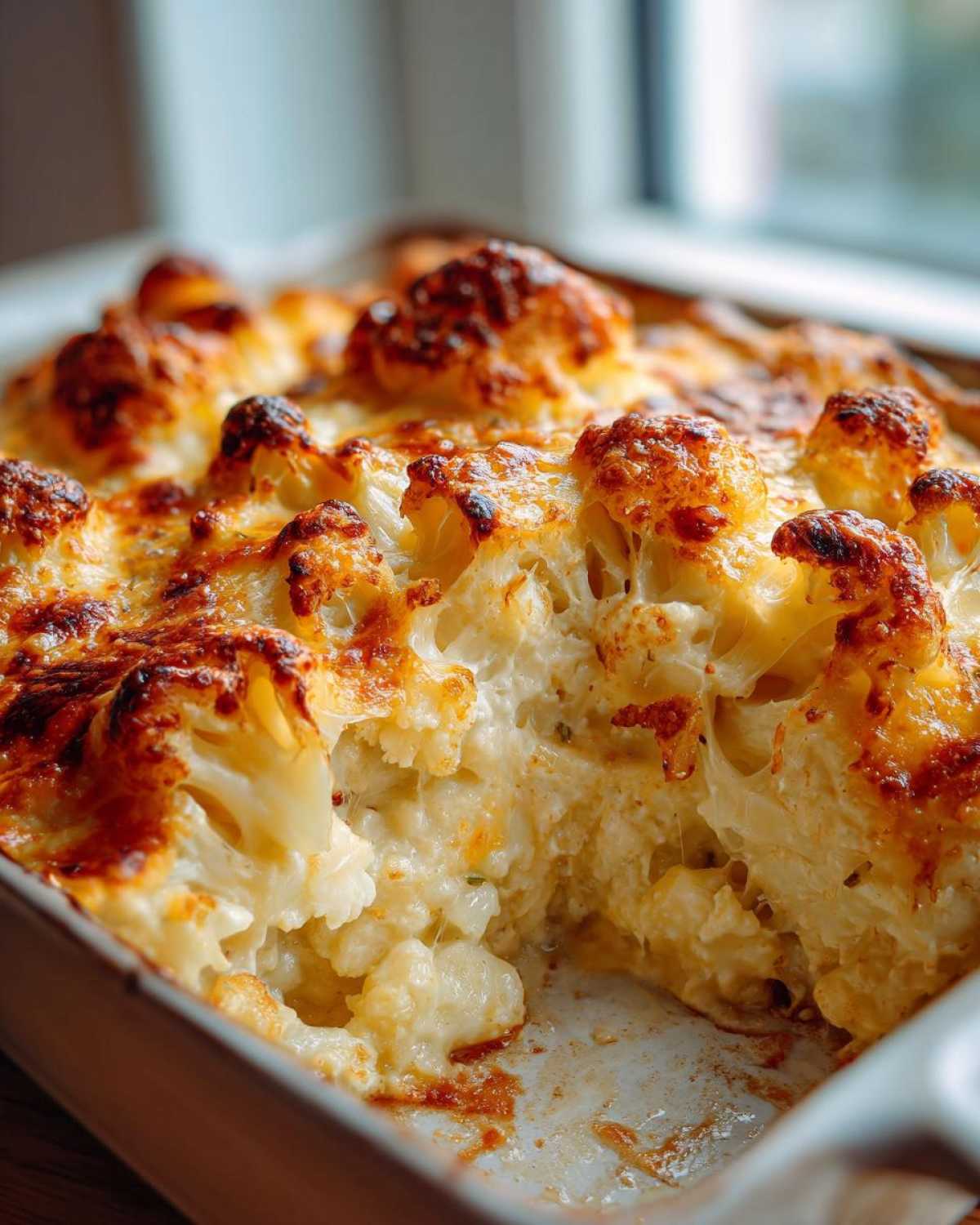Close-up of baked Keto Cauliflower Mac and Cheese with a bubbly, browned cheese crust.