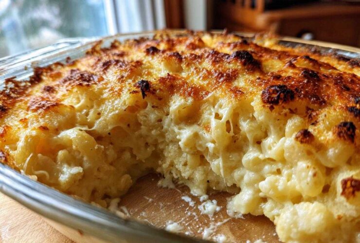 Close-up of creamy Keto Cauliflower Mac and Cheese with a bubbly, browned cheese crust.