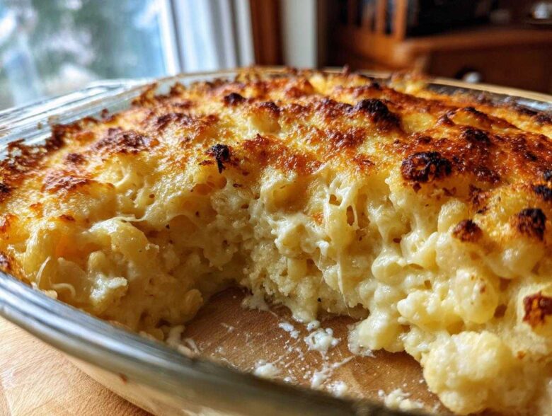 Close-up of creamy Keto Cauliflower Mac and Cheese with a bubbly, browned cheese crust.
