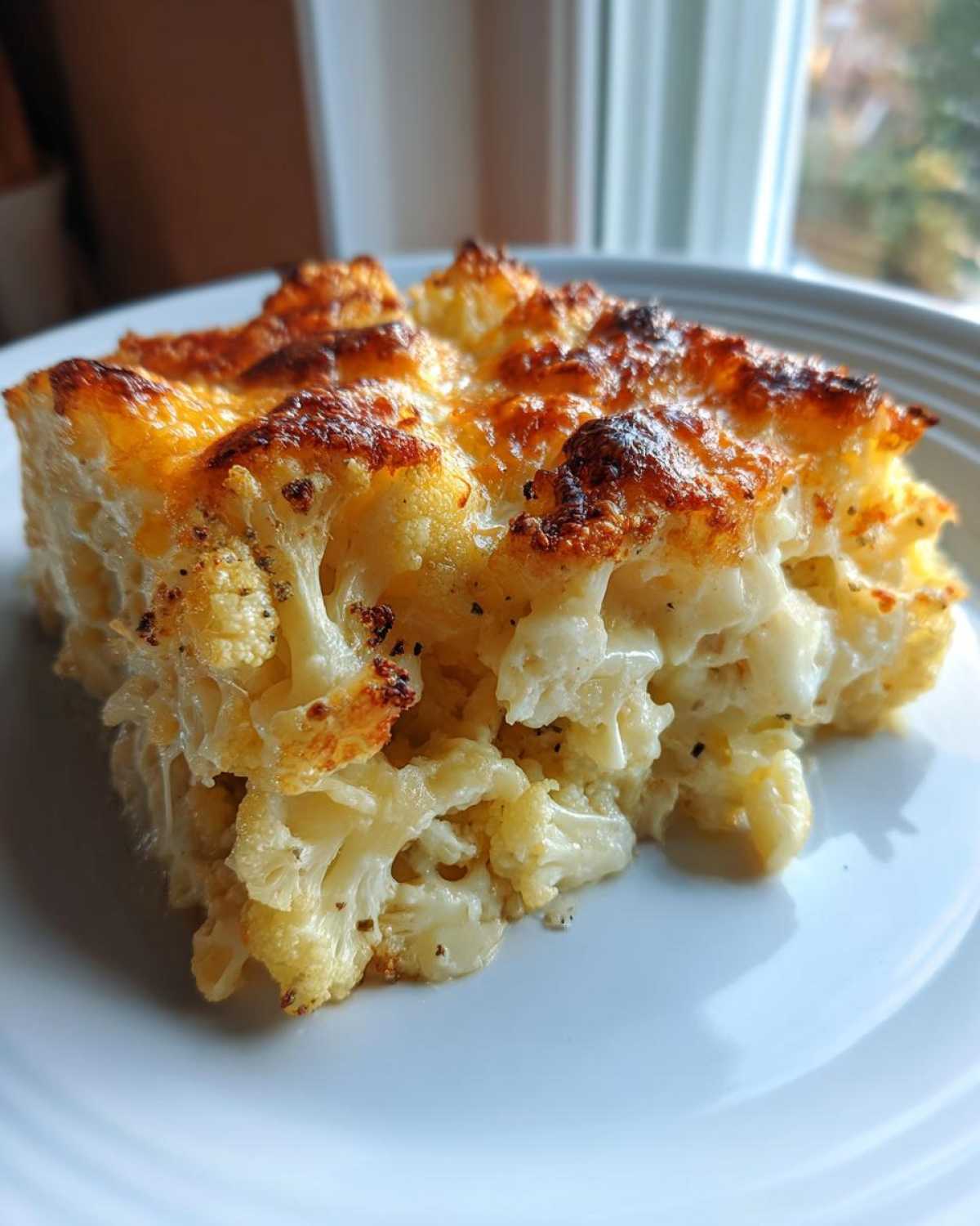 A close-up serving of baked Keto Cauliflower Mac and Cheese with a golden, bubbly cheese crust.