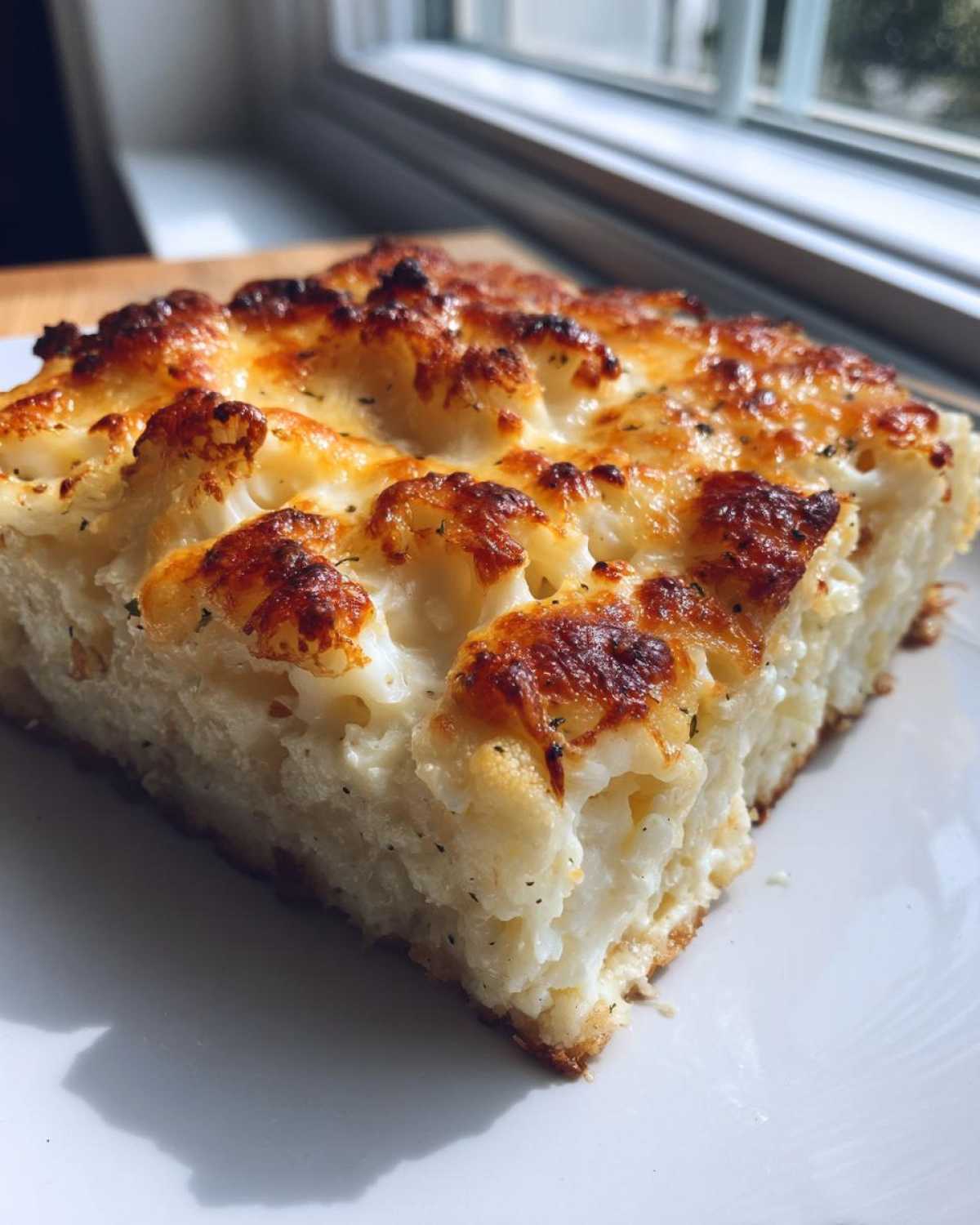 A square slice of Keto Cauliflower Mac and Cheese with a creamy interior and golden-brown, bubbly cheese topping.
