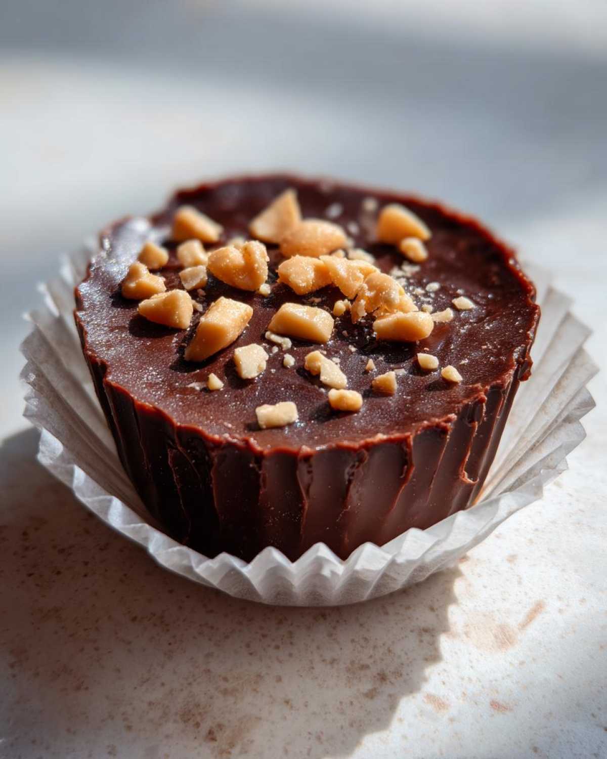 Close-up of one Keto Chocolate Peanut Butter Fat Bomb topped with chopped peanuts in a white paper liner.