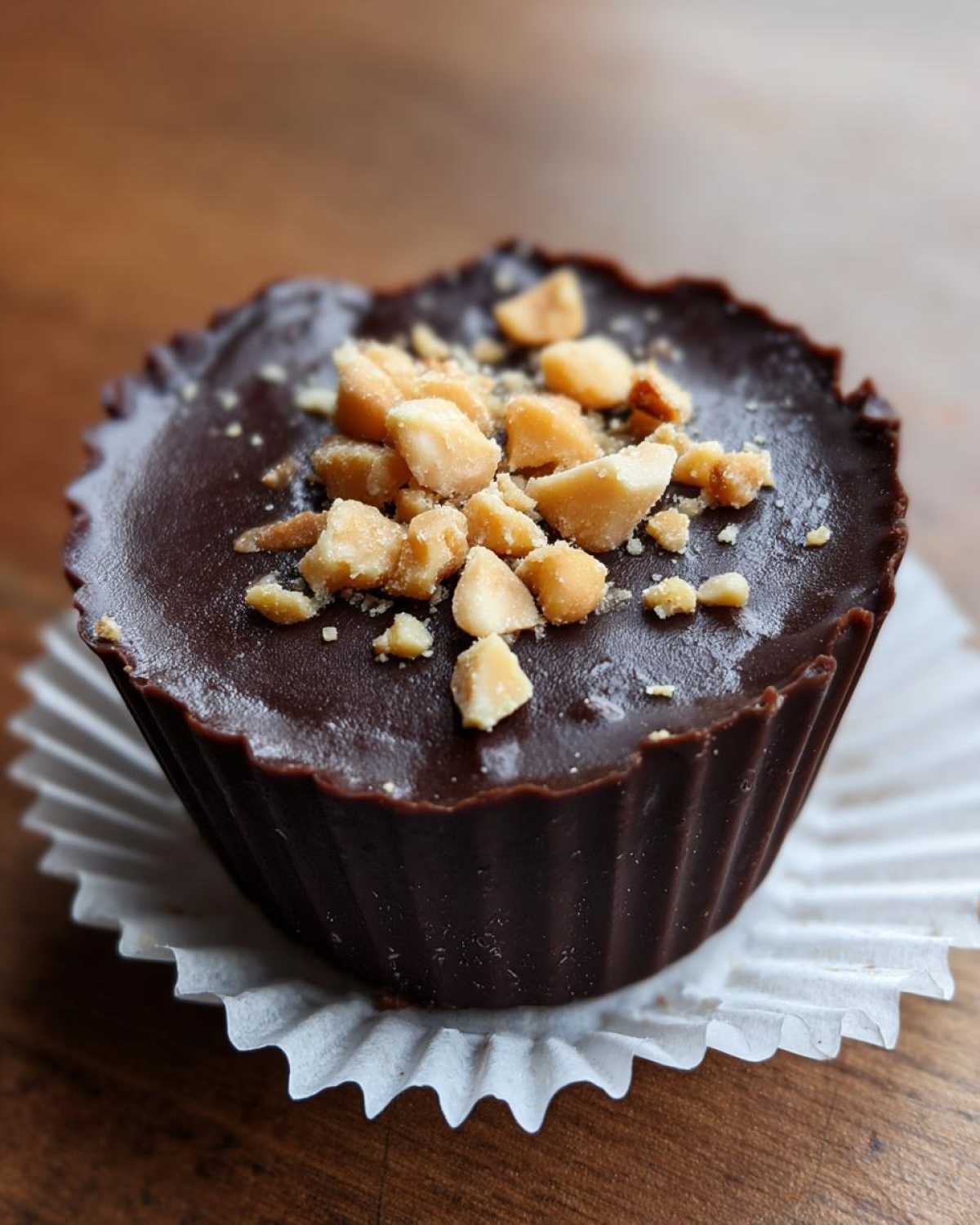 A single Keto Chocolate Peanut Butter Fat Bomb topped with chopped peanuts in a white liner.