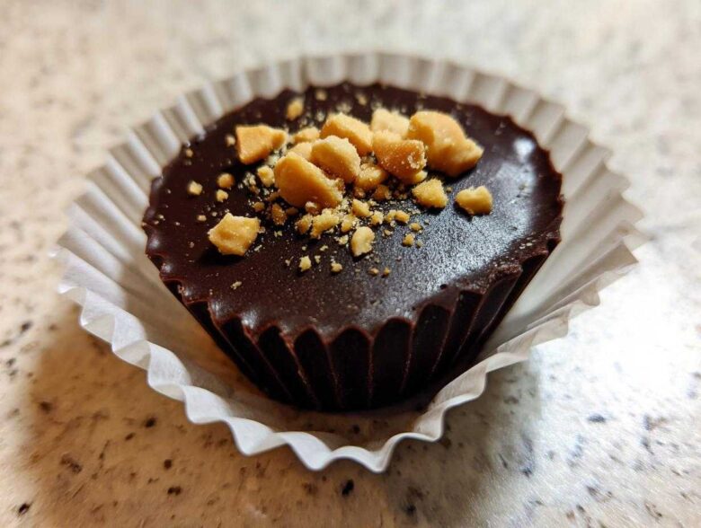 Close-up of one Keto Chocolate Peanut Butter Fat Bomb topped with crushed peanuts in a white paper liner.
