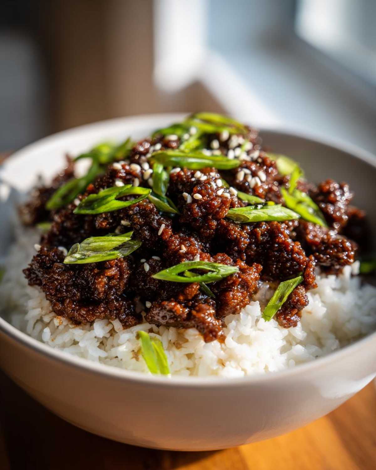 A close-up of Korean Ground Beef Bulgogi Bowls featuring dark, saucy ground beef over white rice, topped with green onions and sesame seeds.