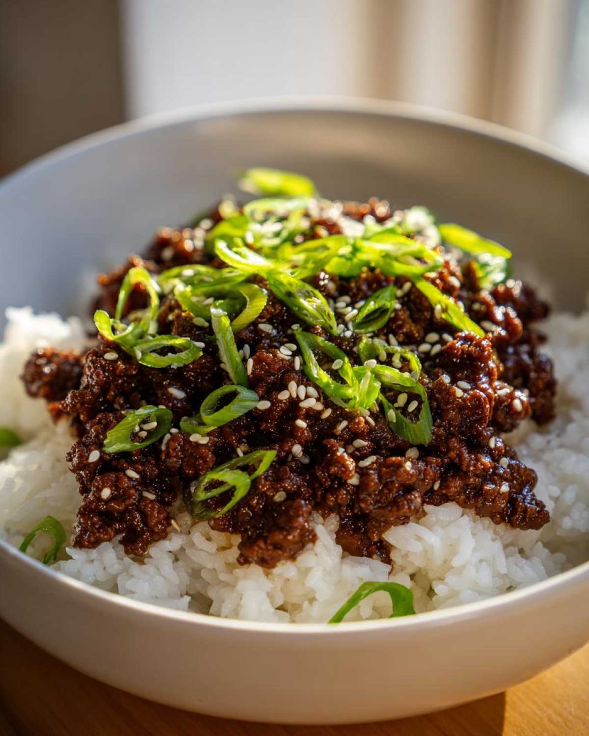 A close-up of Korean Ground Beef Bulgogi Bowls featuring savory ground beef over white rice, topped with green onions and sesame seeds.