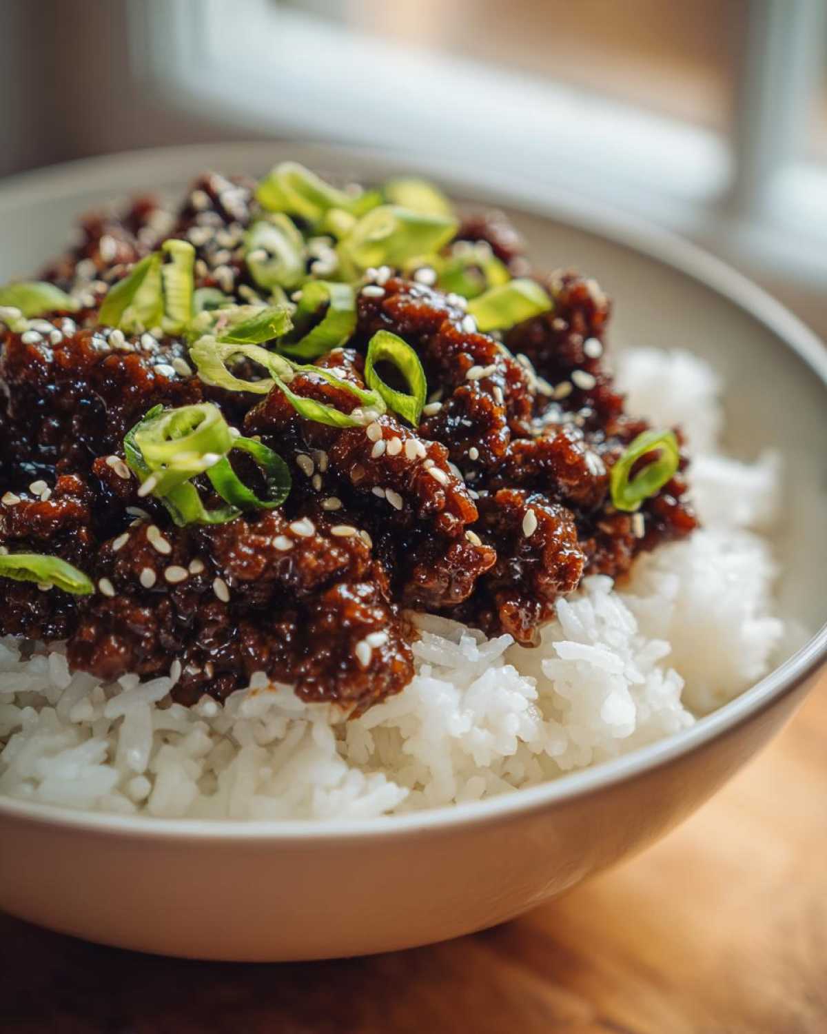 Close-up of Korean Ground Beef Bulgogi Bowls featuring savory ground beef over white rice, garnished with sesame seeds and sliced green onions.