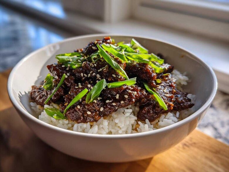 A white bowl filled with white rice topped with saucy Korean Ground Beef Bulgogi Bowls and green onions.