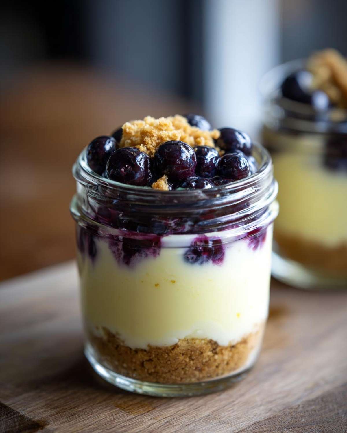 A close-up of a layered Lemon Blueberry Cheesecake Jar featuring a graham cracker crust, creamy filling, and fresh blueberries.