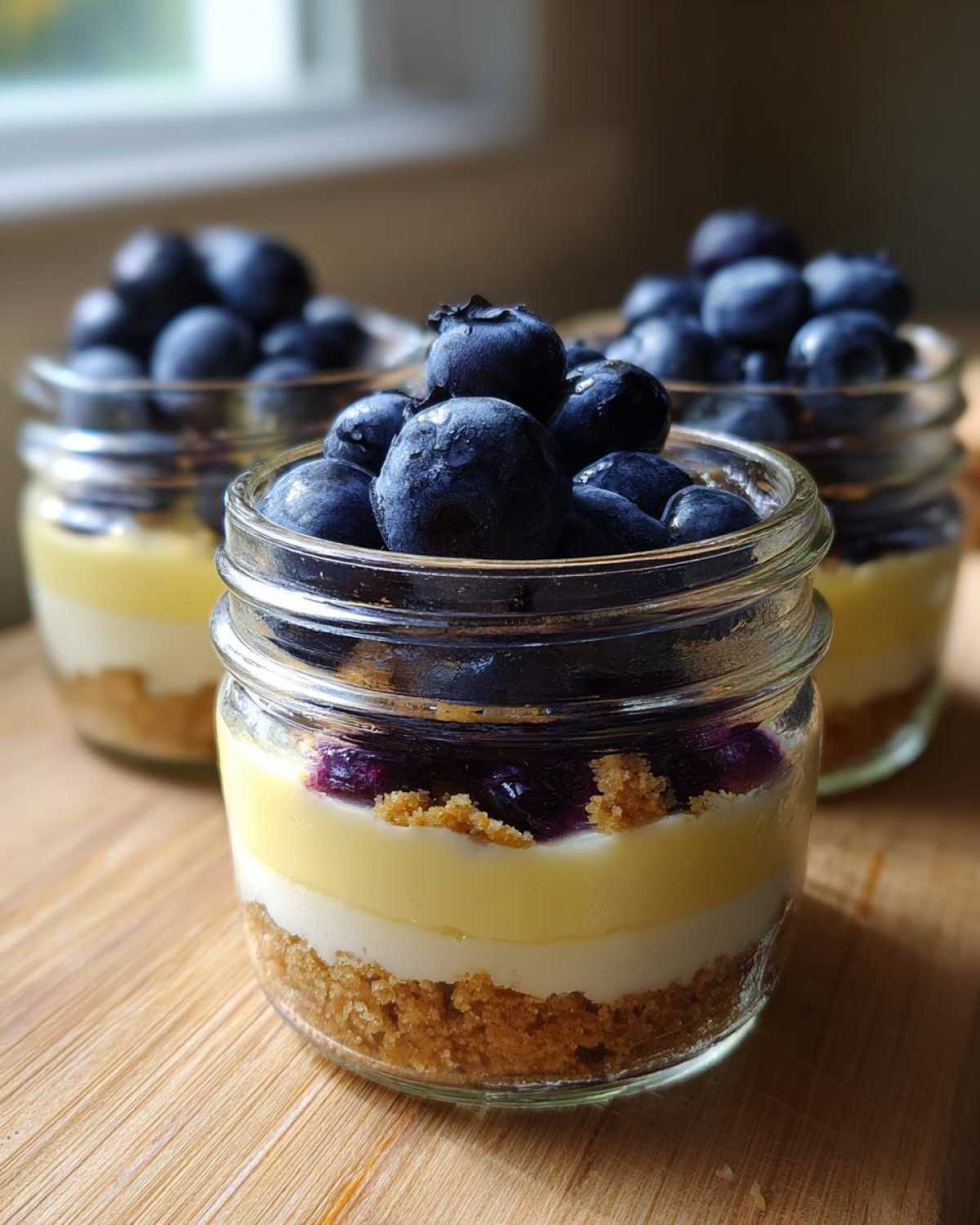 Close-up of a layered Lemon Blueberry Cheesecake Jar topped generously with fresh blueberries.