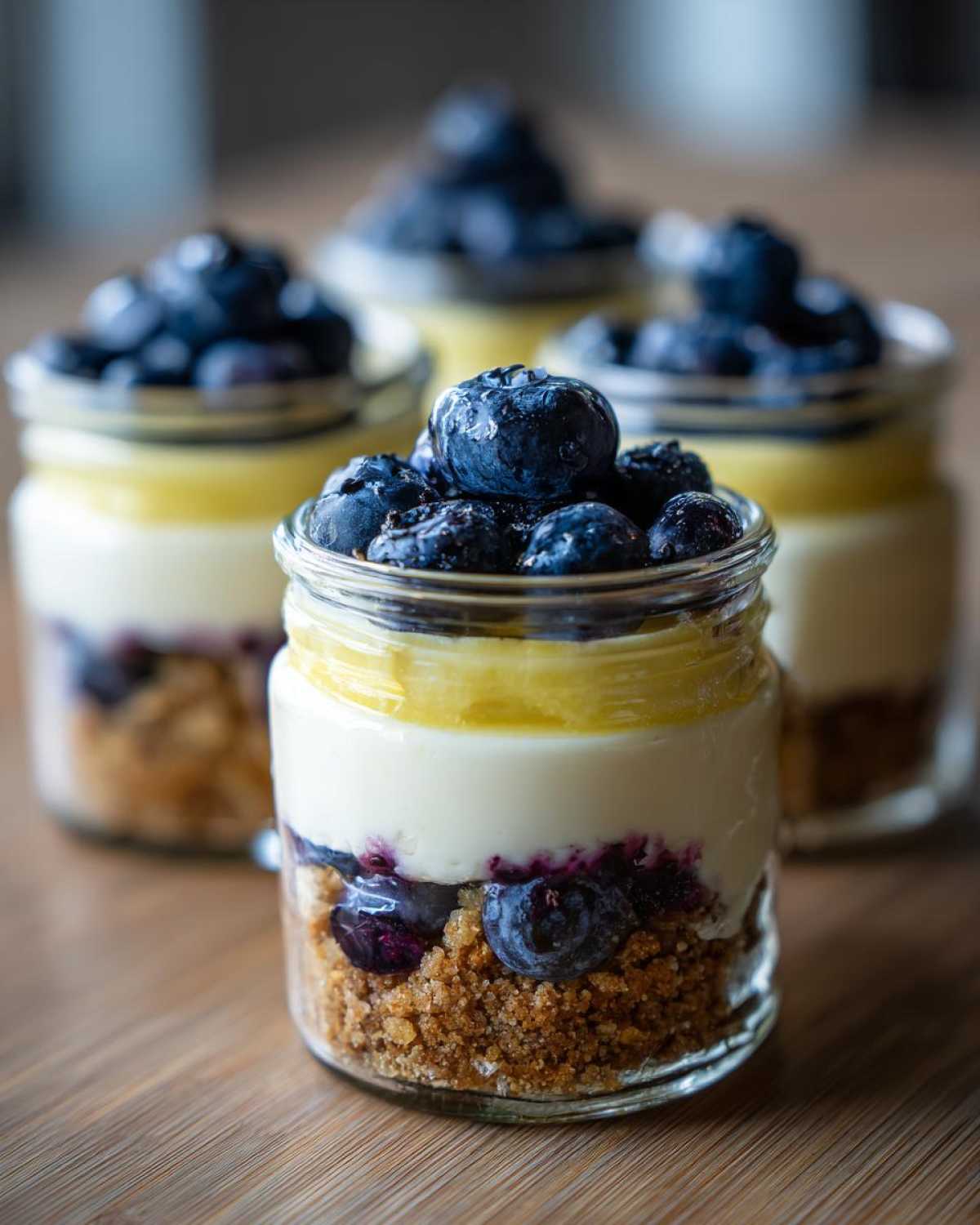 A close-up of one of the Lemon Blueberry Cheesecake Jars, showing layers of graham cracker crust, creamy filling, lemon curd, and fresh blueberries.