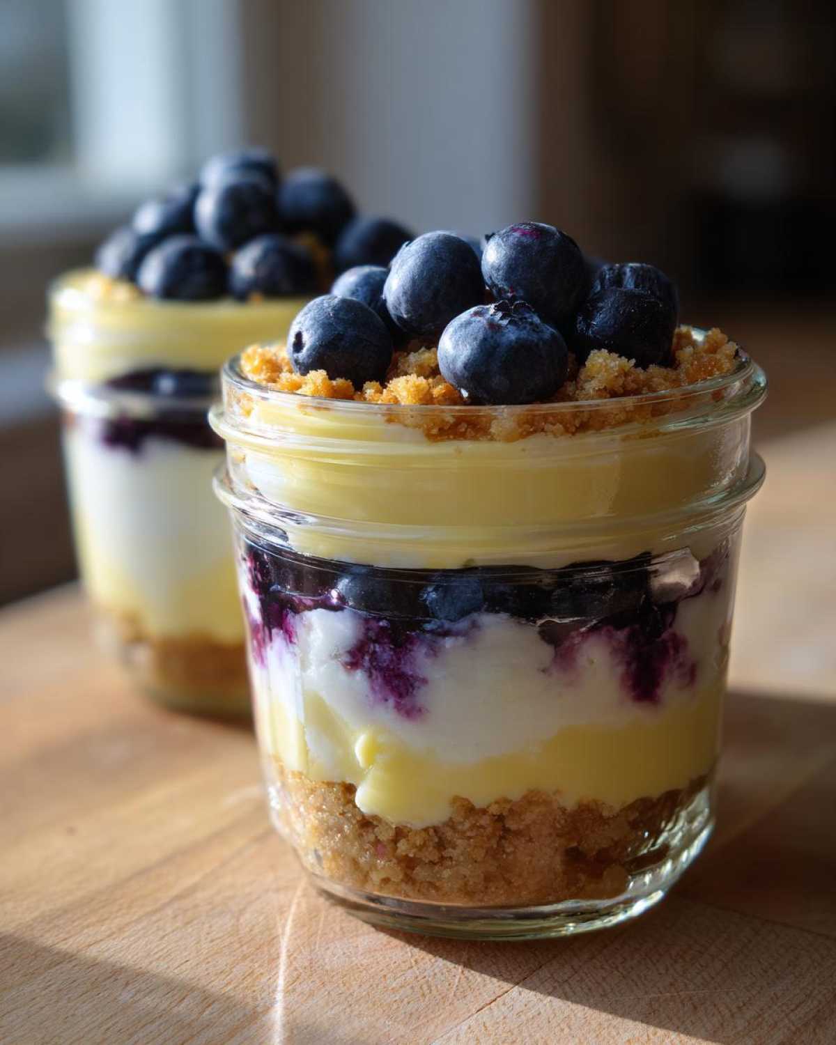 Two layered Lemon Blueberry Cheesecake Jars featuring graham cracker crust, lemon curd, and fresh blueberries on top.