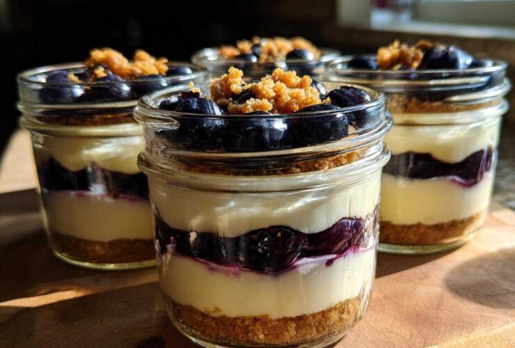 Four individual Lemon Blueberry Cheesecake Jars layered with graham cracker crust, cream cheese filling, and fresh blueberries.