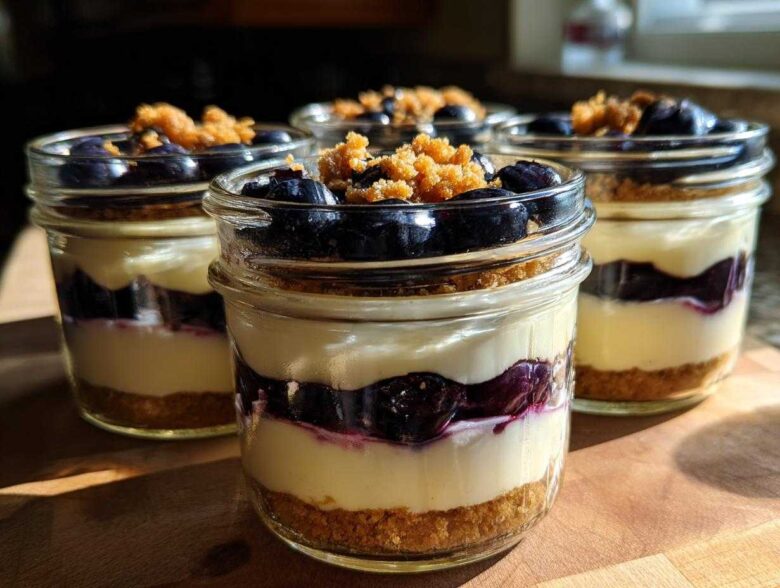 Four individual Lemon Blueberry Cheesecake Jars layered with graham cracker crust, cream cheese filling, and fresh blueberries.