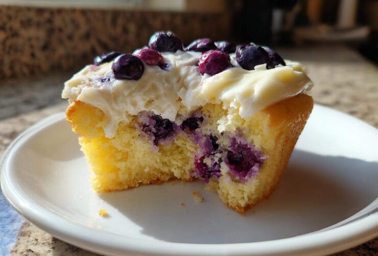 Close-up of a Lemon Blueberry Cupcake with cream cheese frosting, showing a bite taken out revealing moist cake and blueberries.
