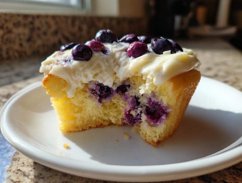 Close-up of a Lemon Blueberry Cupcake with cream cheese frosting, showing a bite taken out revealing moist cake and blueberries.