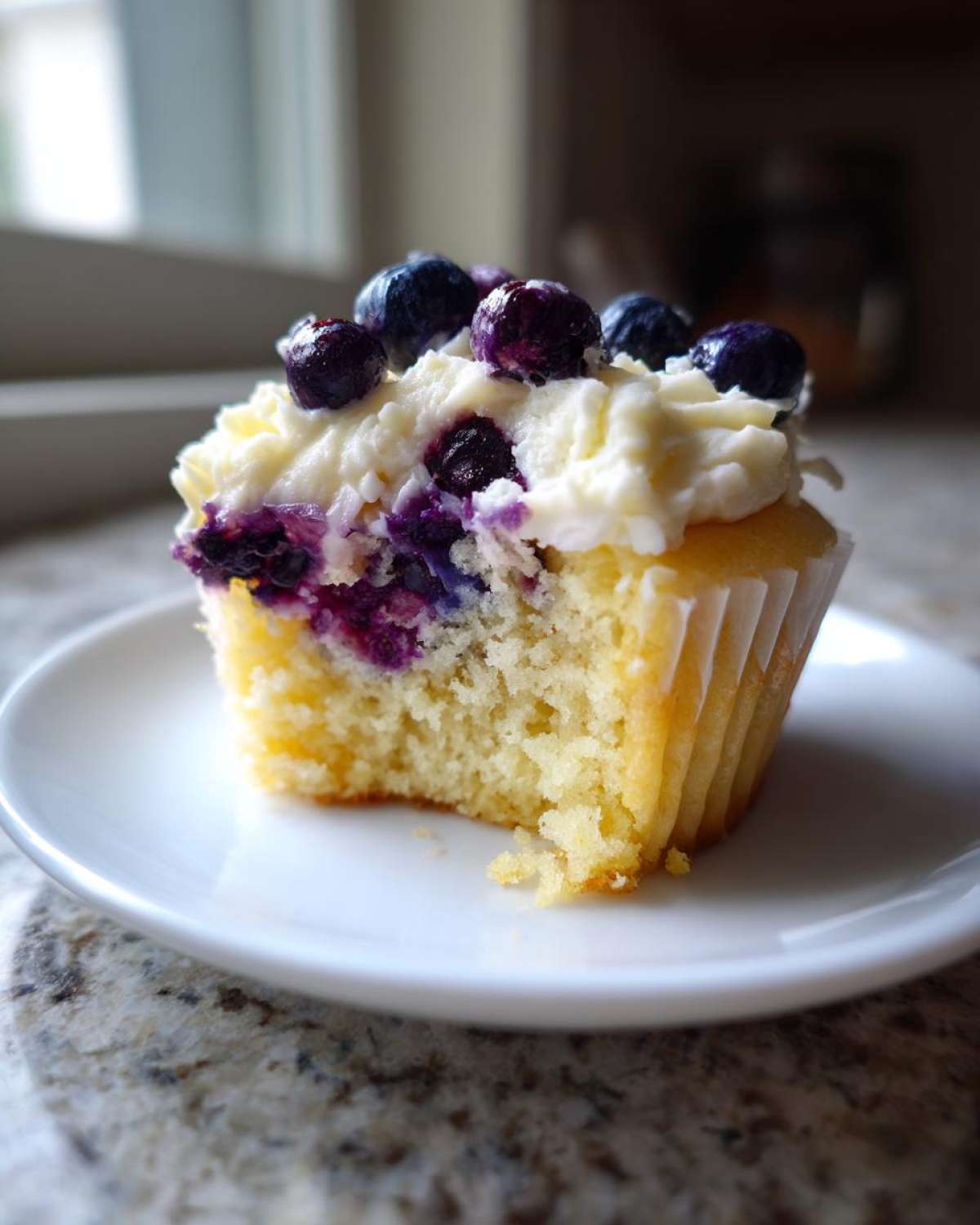 Close-up of a Lemon Blueberry Cupcake with cream cheese frosting and fresh blueberries, showing the moist interior.