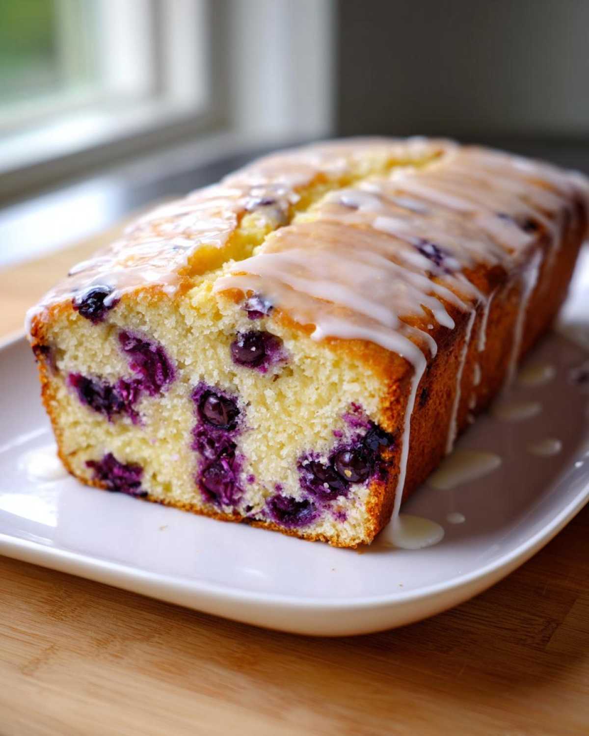A freshly baked Lemon Blueberry Yogurt Loaf drizzled with white glaze, sitting on a white rectangular plate.