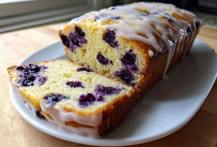 A moist Lemon Blueberry Yogurt Loaf drizzled with white glaze, with one slice cut and resting beside the main loaf.