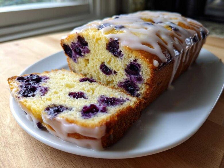 A moist Lemon Blueberry Yogurt Loaf drizzled with white glaze, with one slice cut and resting beside the main loaf.