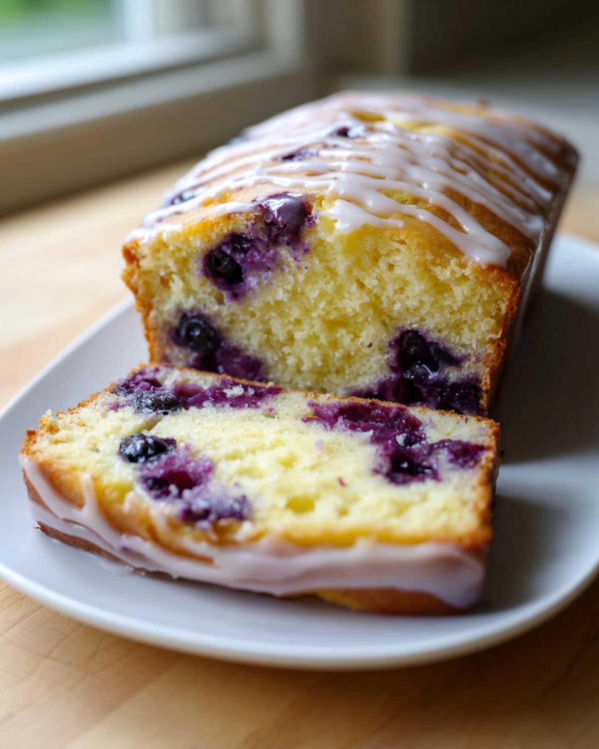 A slice cut from a Lemon Blueberry Yogurt Loaf, showing moist crumb and blueberries, topped with white glaze.