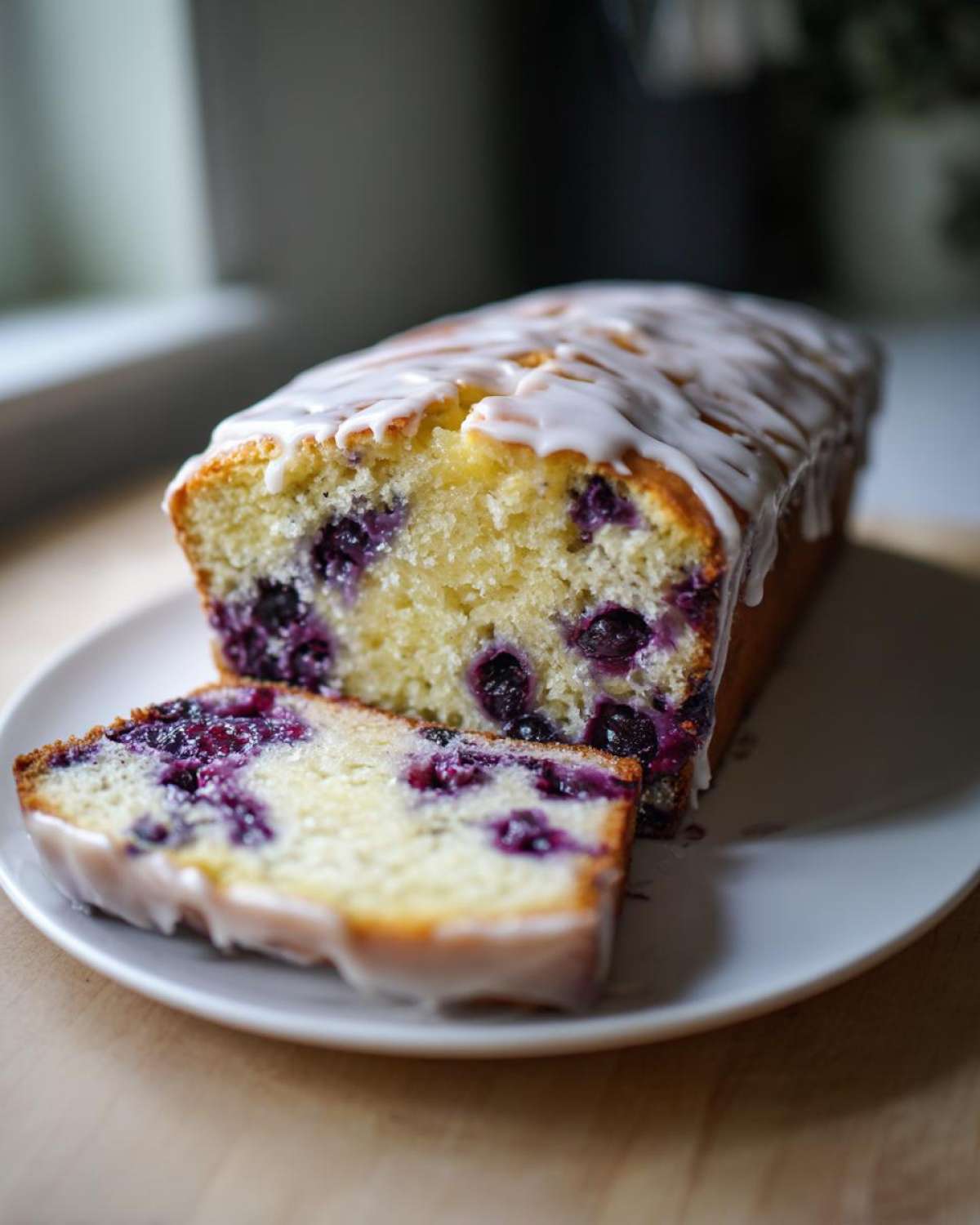 A moist slice cut from a Lemon Blueberry Yogurt Loaf, drizzled with bright white lemon glaze.