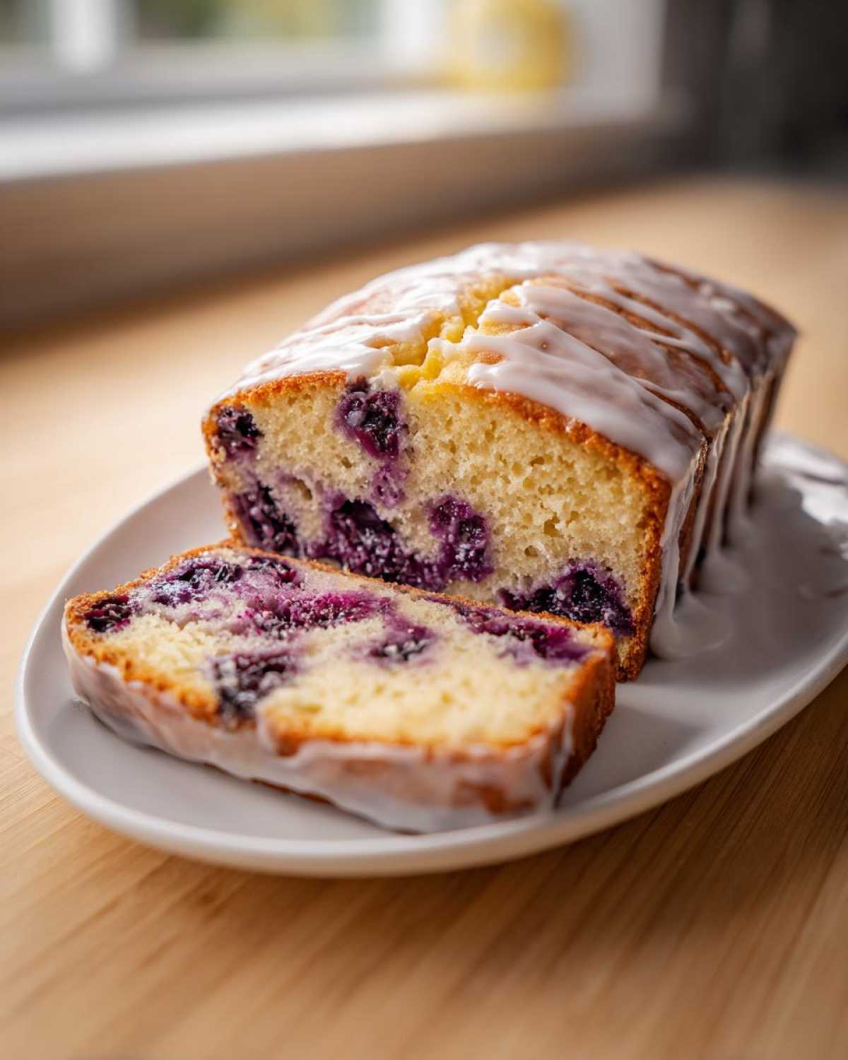 A slice cut from a Lemon Blueberry Yogurt Loaf topped with a white glaze, showing moist crumb and blueberries.