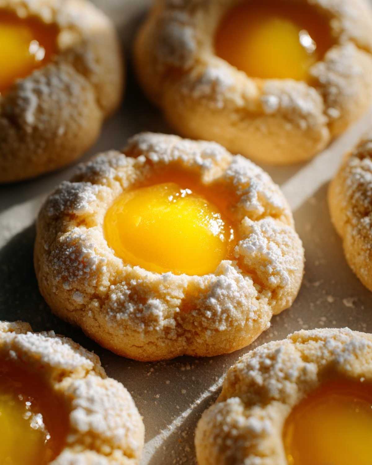 Close-up of freshly baked Lemon Curd Thumbprint Cookies dusted with powdered sugar.