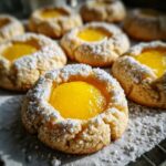 Close-up of a freshly baked Lemon Curd Thumbprint Cookie dusted generously with powdered sugar.