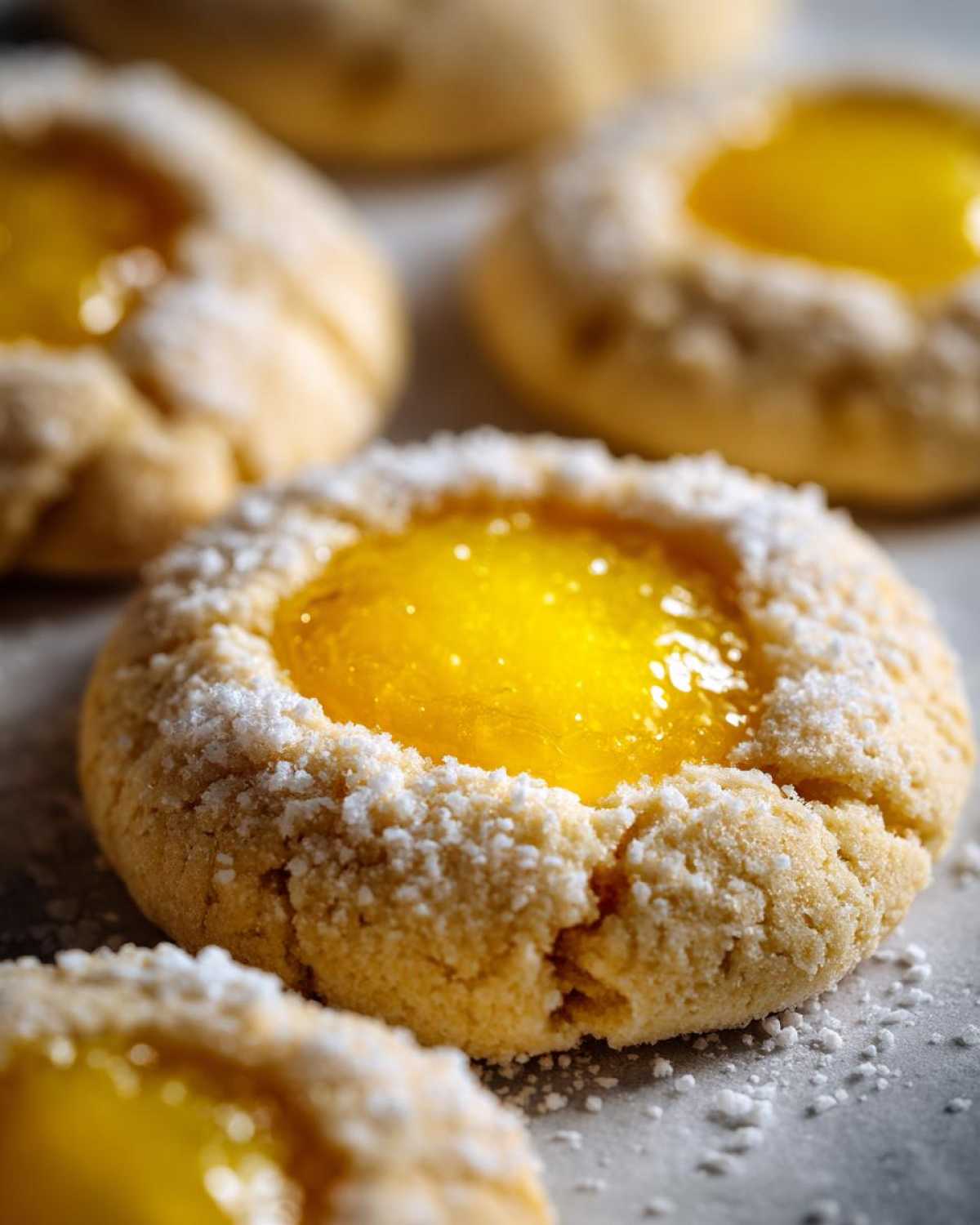 Close-up of freshly baked Lemon Curd Thumbprint Cookies dusted with powdered sugar.