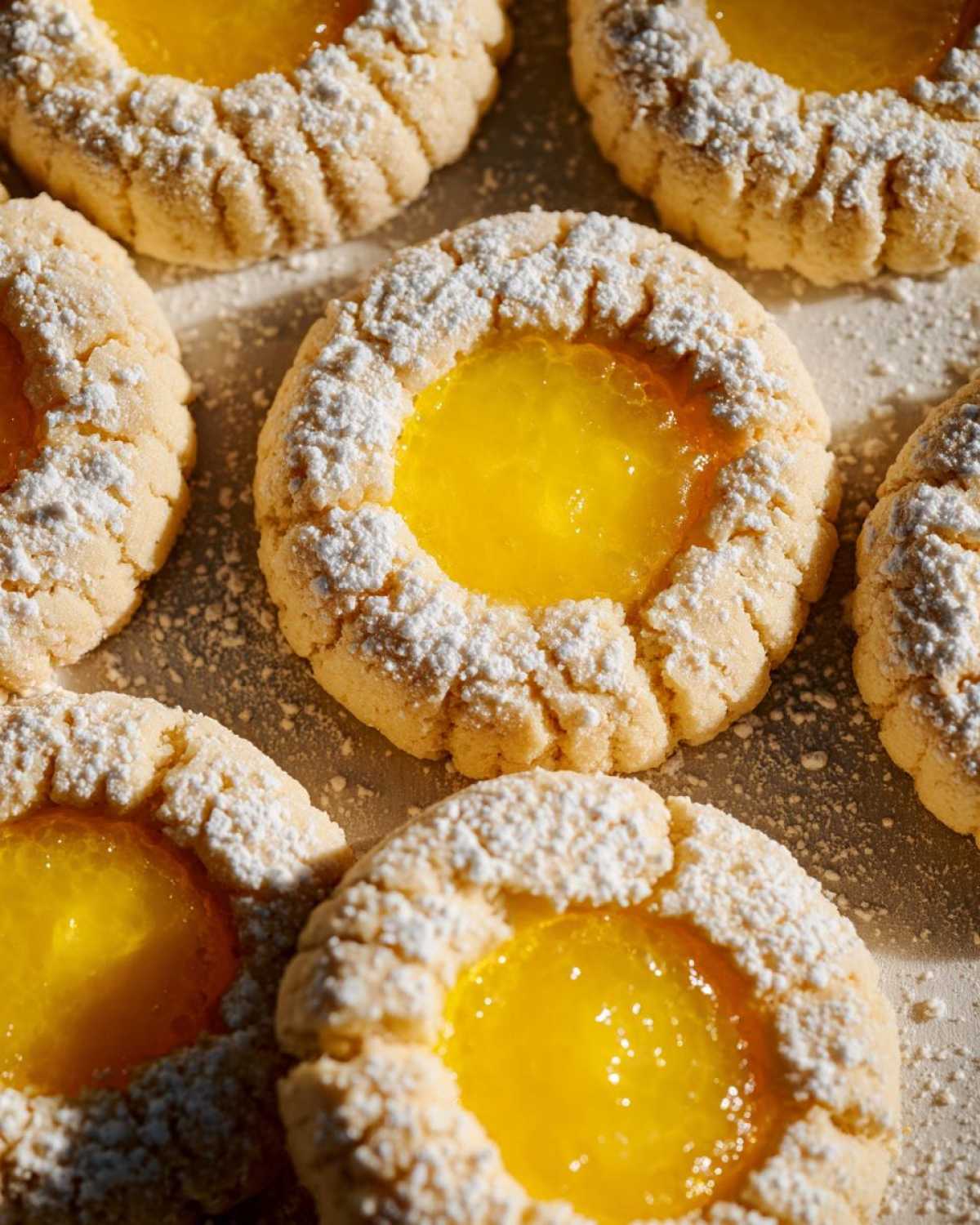 Close-up of freshly baked Lemon Curd Thumbprint Cookies dusted with powdered sugar.