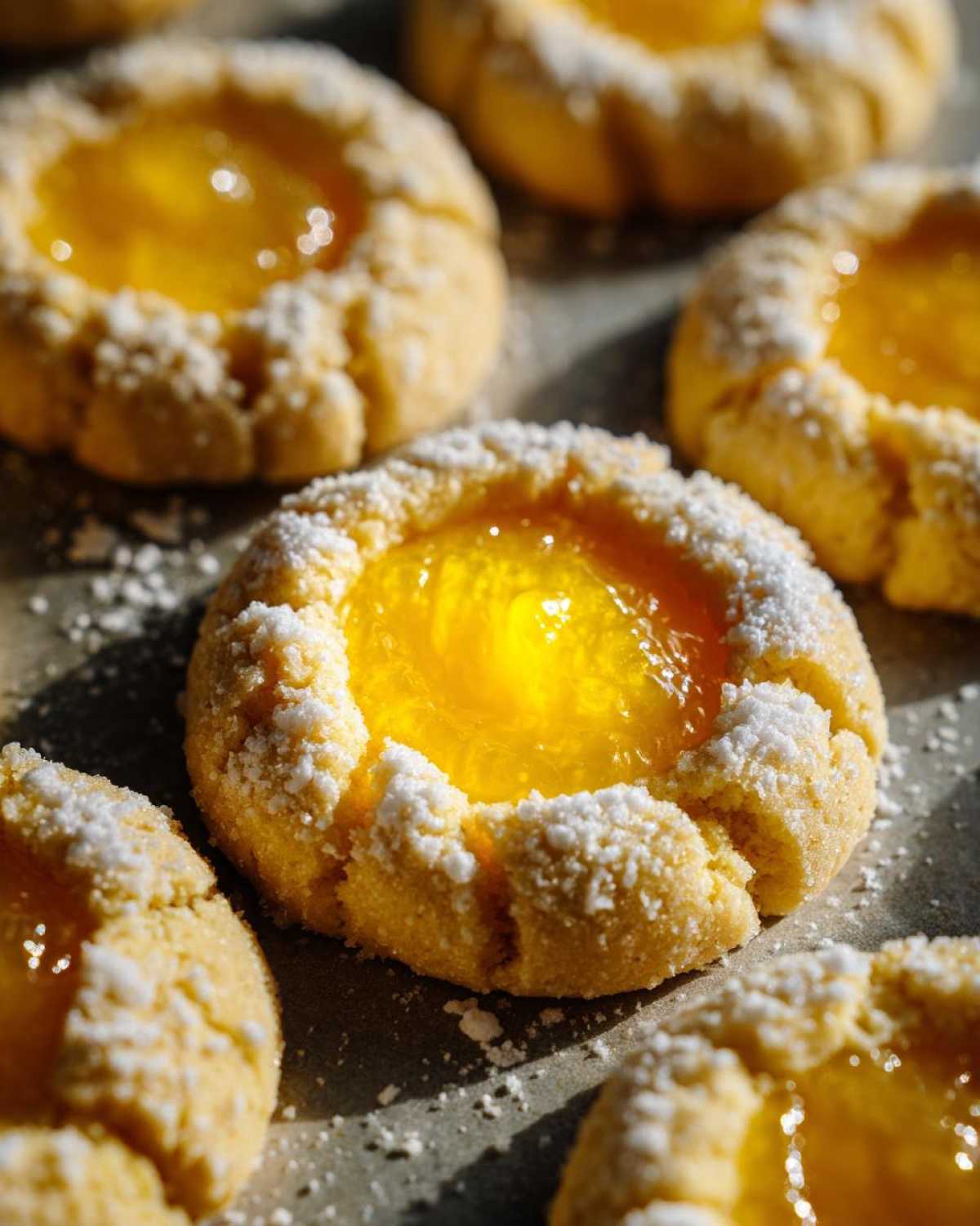 Close-up of freshly baked Lemon Curd Thumbprint Cookies dusted with powdered sugar.