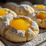 Close-up of freshly baked Lemon Curd Thumbprint Cookies dusted heavily with powdered sugar.