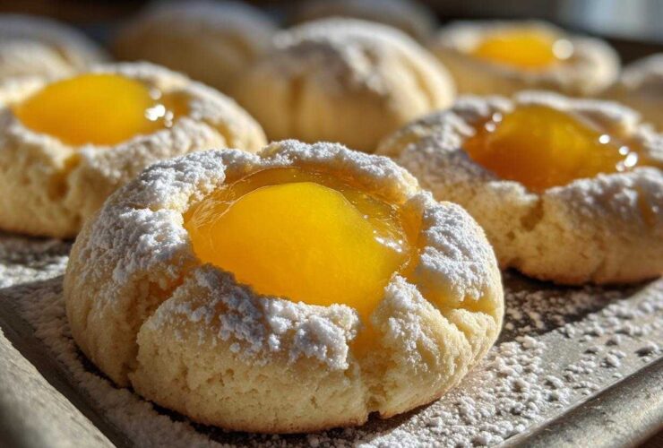 Close-up of freshly baked Lemon Curd Thumbprint Cookies dusted heavily with powdered sugar.