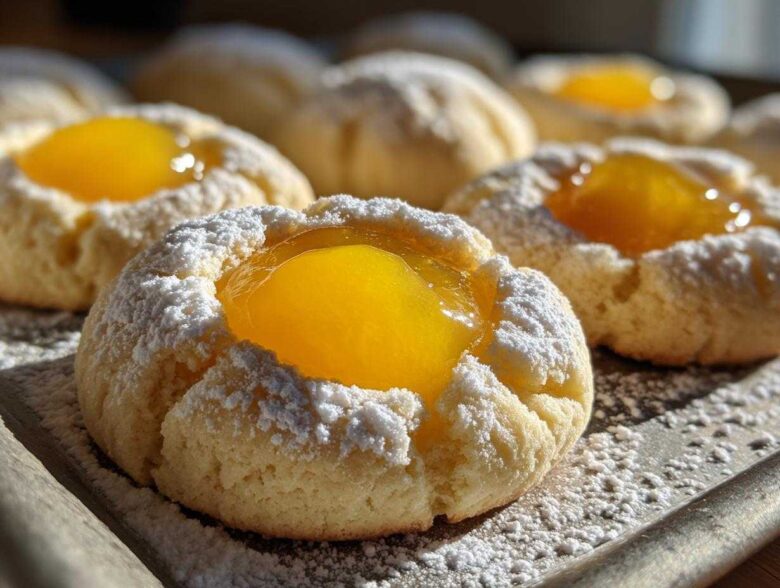 Close-up of freshly baked Lemon Curd Thumbprint Cookies dusted heavily with powdered sugar.