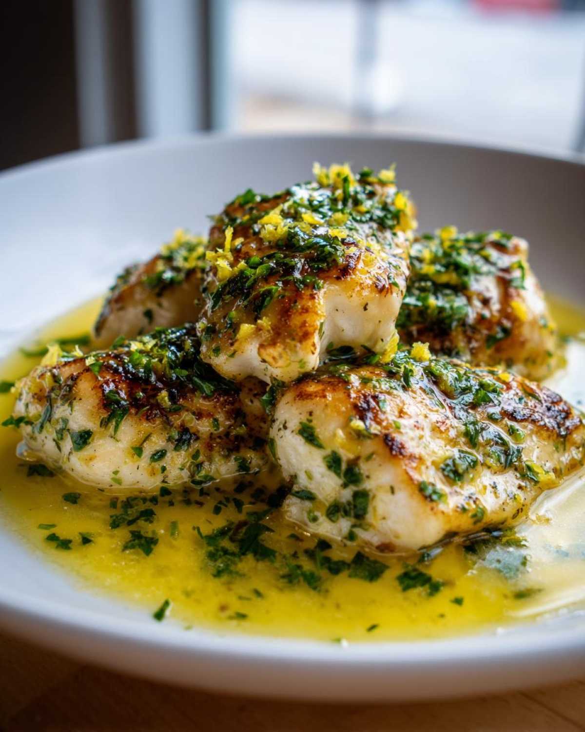 Close-up of pan-seared Lemon Garlic Butter Tilapia fillets swimming in a bright yellow butter sauce and topped with fresh herbs.