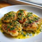 Four pan-seared fillets of Lemon Garlic Butter Tilapia swimming in bright yellow butter sauce, topped with fresh parsley and lemon zest.