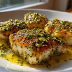 Four golden-brown pieces of Lemon Garlic Butter Tilapia resting in a pool of buttery sauce topped with herbs.