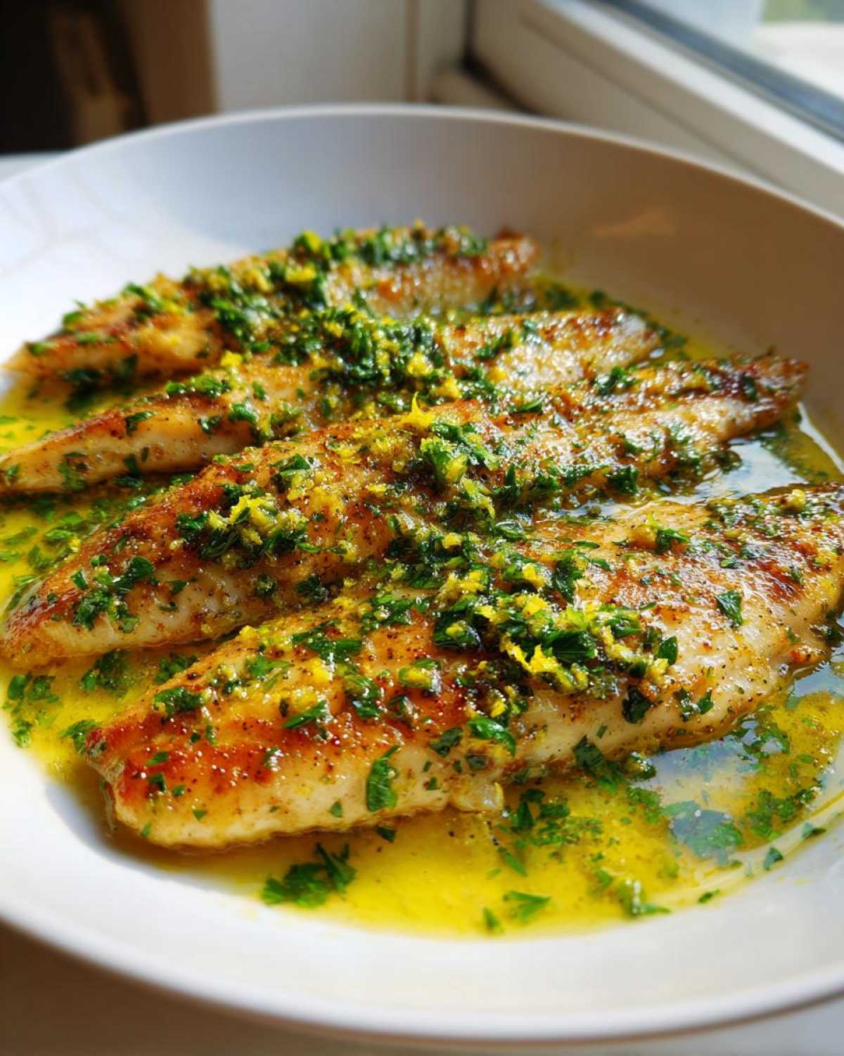 Three pan-seared Lemon Garlic Butter Tilapia fillets swimming in a bright yellow butter sauce topped with fresh parsley and lemon zest.