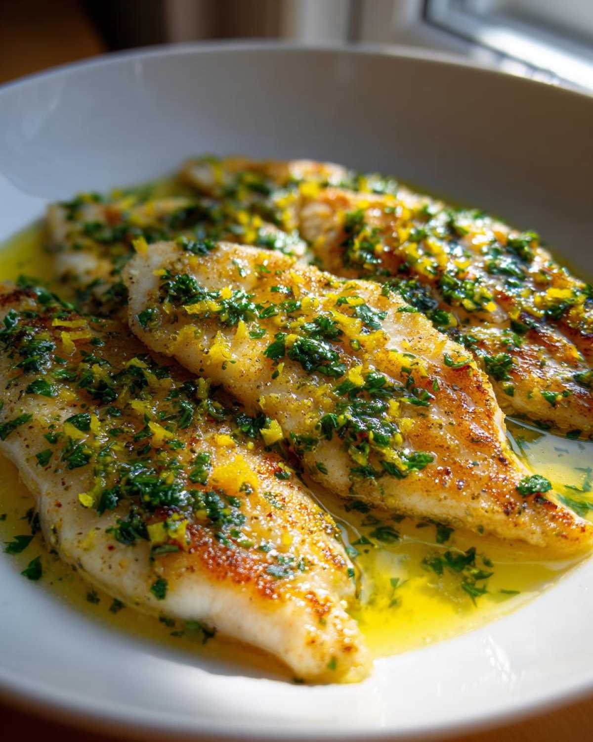 Close-up of pan-seared Lemon Garlic Butter Tilapia fillets swimming in bright yellow sauce topped with fresh parsley and lemon zest.