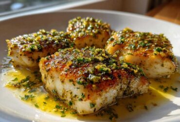 Four golden-brown pieces of Lemon Garlic Butter Tilapia resting in a pool of buttery sauce topped with herbs.