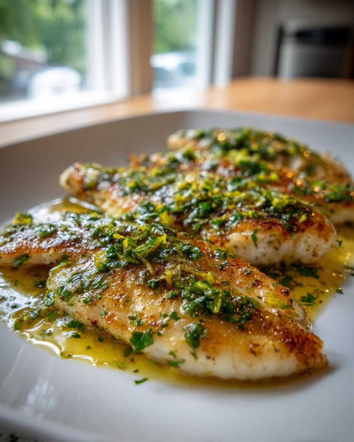 Three perfectly cooked fillets of Lemon Garlic Butter Tilapia swimming in sauce and topped with bright green herbs.
