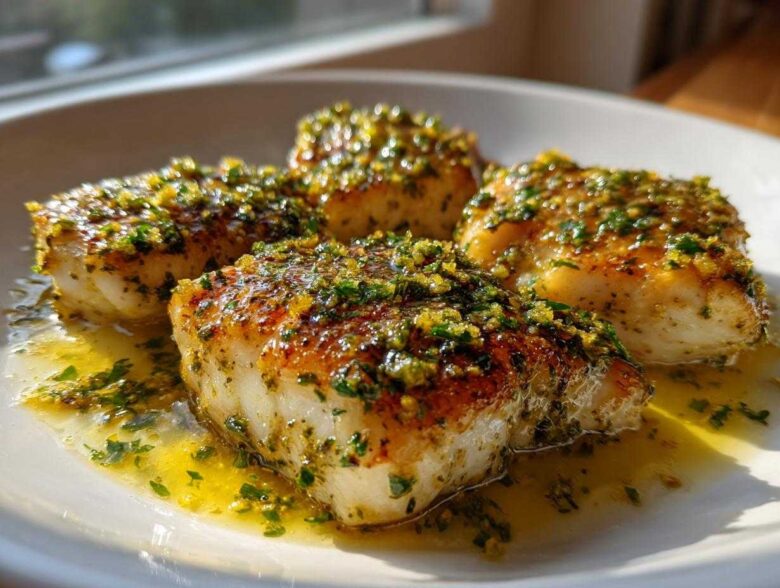 Four golden-brown pieces of Lemon Garlic Butter Tilapia resting in a pool of buttery sauce topped with herbs.