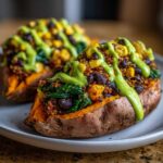 Two Loaded Veggie Stuffed Sweet Potatoes topped with quinoa, black beans, corn, spinach, and a bright green sauce.