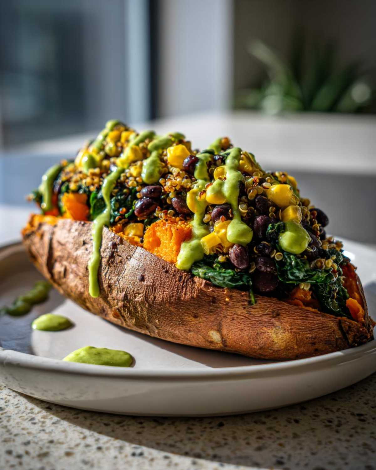 A baked sweet potato split open and filled with black beans, corn, quinoa, spinach, and a bright green sauce for Loaded Veggie Stuffed Sweet Potatoes.