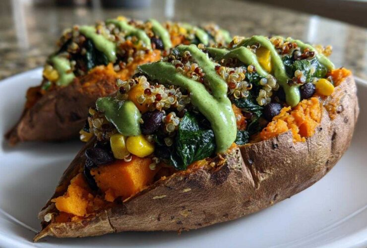 Close-up of two Loaded Veggie Stuffed Sweet Potatoes topped with quinoa, black beans, corn, and a bright green sauce.